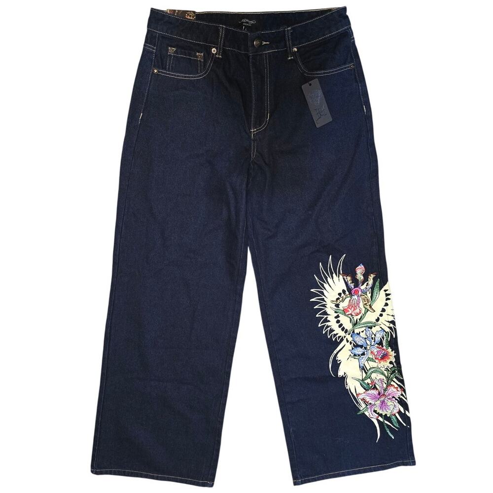 Ed Hardy Womens L Orchids Baggy Jeans Dark Blue Floral Embroidered Y2K NWT NEW